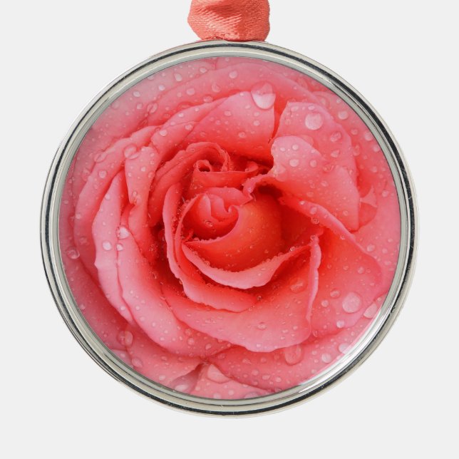 Ornement Rond Argenté Romantique Rose rose rouge gouttes d'eau (Devant)