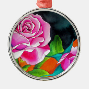 Ornement Rond Argenté Rose rose avec aquarelle orange