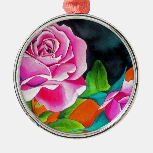 Ornement Rond Argenté Rose rose avec art aquarelle orange (Devant)