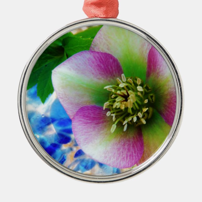 Ornement Rond Argenté Rose rose carême bleu boule de verre (Devant)