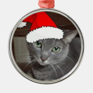 Ornement Rond Argenté Russian Blue Cat Christmas