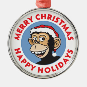 Ornement Rond Argenté Singe gai de Père Noël