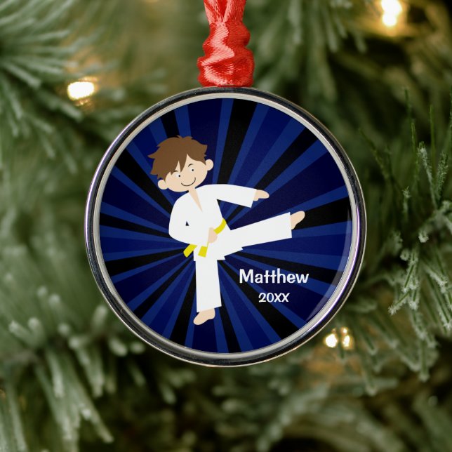 Ornement Rond Argenté Taekwondo Karate Ceinture Jaune Garçon Personnalis (Arbre)