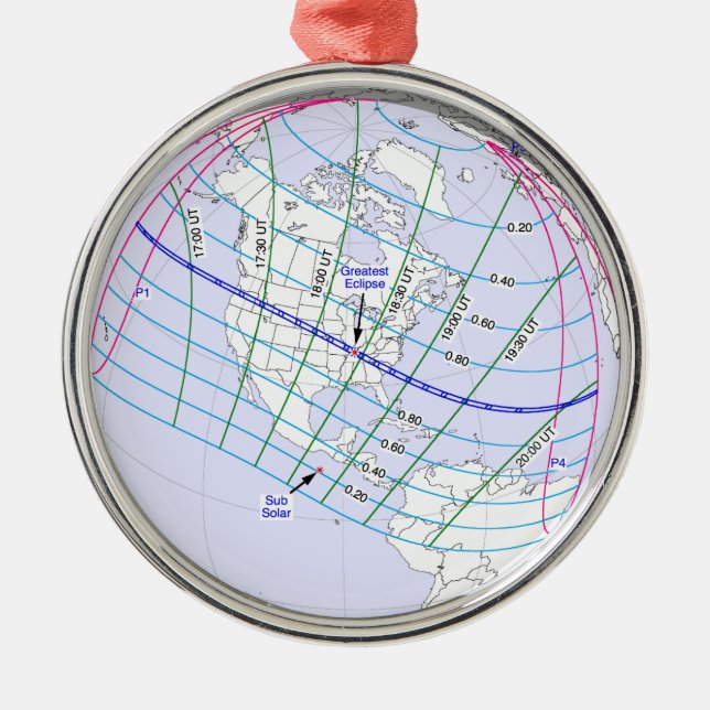 Ornement Rond Argenté Total Solaire Eclipse 2017 Global Path (Devant)