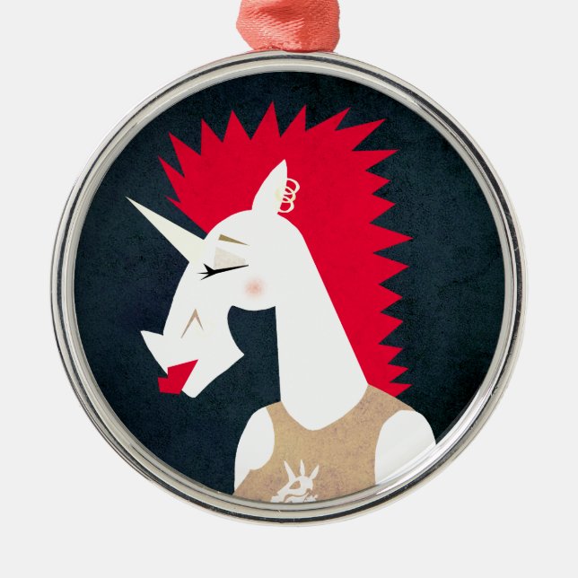 Ornement Rond Argenté Unicorne de Punk Rock (Devant)