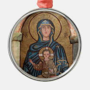 Ornement Rond Argenté Vierge Marie et mosaïque de Jésus