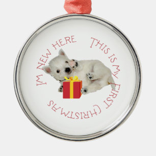 Ornement Rond Argenté Westie Puppy Premier Noël