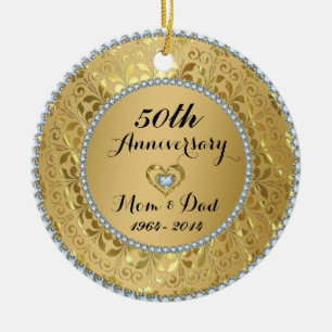 Ornement Rond En Céramique 50e anniversaire du Mariage Diamonds & Gold