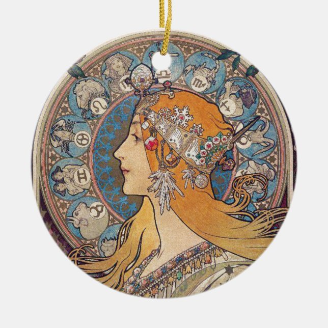 Ornement Rond En Céramique Alphonse Mucha , “Zodiac” (Devant)