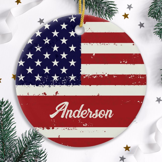 Ornement Rond En Céramique American Flag USA Personnalisé Patriotique (Créateur téléchargé)
