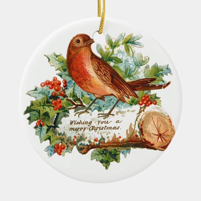 Ornement Rond En Céramique Ancien Noël, Robin (Devant)