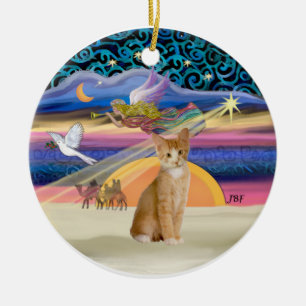 Ornement Rond En Céramique Ange de Noël - Chat tigré orange et blanc 40