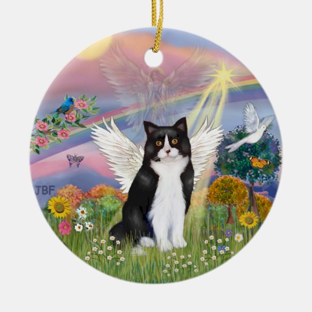 Ornement Rond En Céramique Angel Cloud - Angel Chat Noir & Blanc (Devant)