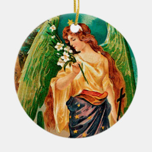 Ornement Rond En Céramique Angel tenant une branche florale