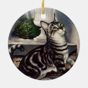 Ornement Rond En Céramique Animaux Vintage, Chat Tabby Mignon et Papillon