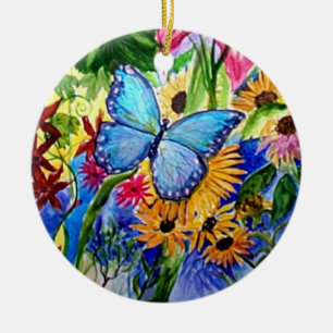 Ornement Rond En Céramique Aquarelle bleue de jardin de papillon
