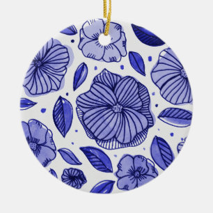 Ornement Rond En Céramique Aquarelle et fleurs d'encre - palette bleue