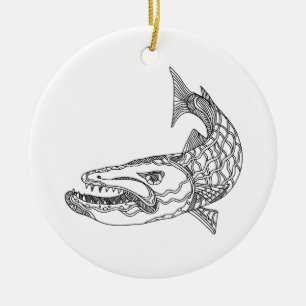 Ornement Rond En Céramique Art de griffonnage de poissons de barracuda