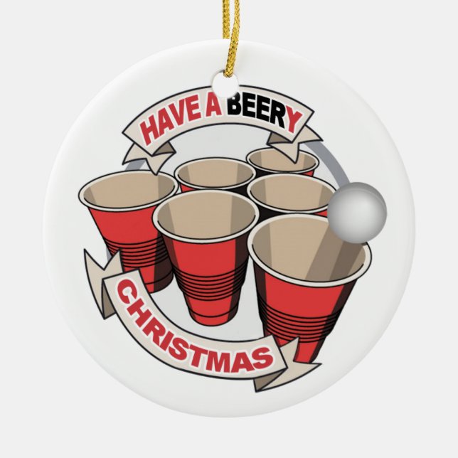 Ornement Rond En Céramique Ayez Noël d'odeur de bière avec l'arrière - plan (Devant)