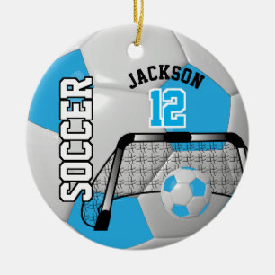 Ornement Rond En Céramique ⚽Baby Blue and White Personalize Soccer Ball