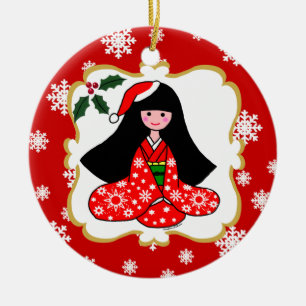 Ornement Rond En Céramique Bande dessinée personnalisée de Noël de fille de