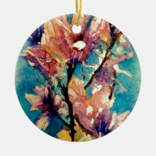 Ornement Rond En Céramique Batik japonais d'aquarelle de magnolia