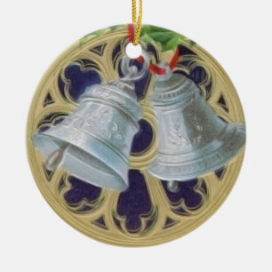 Ornement Rond En Céramique Bells argentées, houx et verre souillé