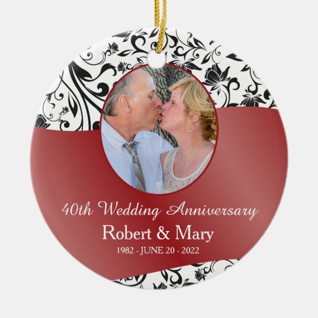 Ornement Rond En Céramique Black Swirl & Red 40th Mariage Anniversary Photo (Devant)