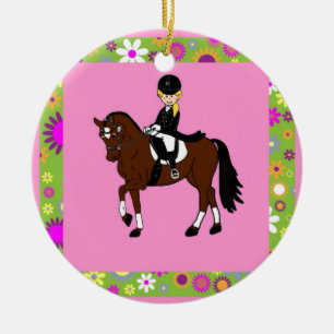 Ornement Rond En Céramique Blonde fille dressage cheval cavalier caricature