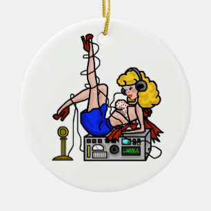 Ornement Rond En Céramique Blonde Ham Radio Pin-up Girl Christmas Ornament