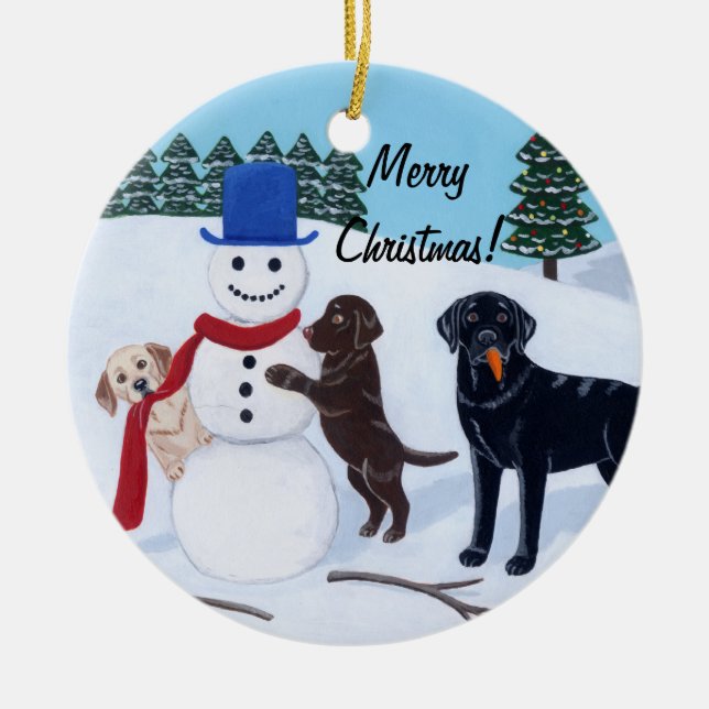 Ornement Rond En Céramique Bonhomme de neige de peinture de Labrador de Noël (Devant)