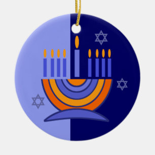 Ornement Rond En Céramique Bonne Hanoukka. Menorah et Dreidels