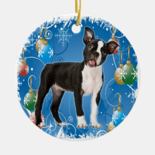 ORNEMENT ROND EN CÉRAMIQUE BOSTON TERRIER ORNAMENT DE NOËL