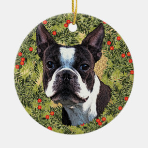 Ornement Rond En Céramique Boston Terrier Wreath