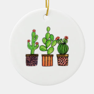 Ornement Rond En Céramique Cactus mignon d'aquarelle dans des pots