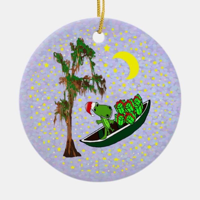 Ornement Rond En Céramique Cajun Père Noël Alligator (Devant)