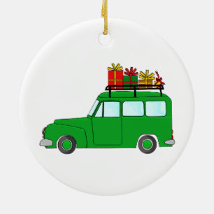 Ornement Rond En Céramique Camion de Noël vert avec cadeaux