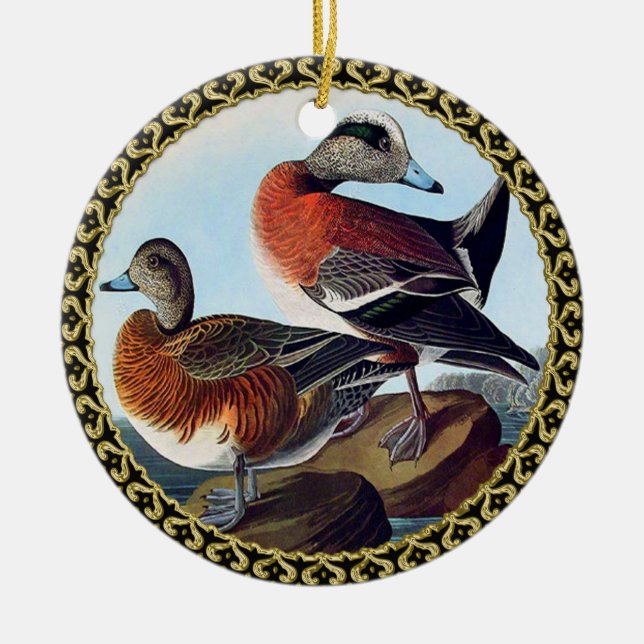 Ornement Rond En Céramique Canards Widgeon américains sur une roche (Devant)