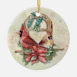 Ornement Rond En Céramique Cardinaux d'hiver Paire avec Poinsettia