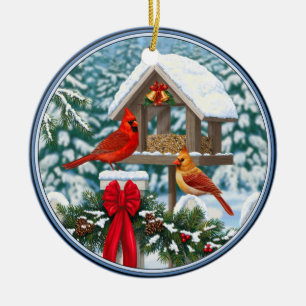 Ornement Rond En Céramique Cardinaux et nourriciers d'oiseaux de Noël