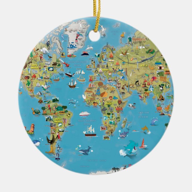 Ornement Rond En Céramique Carte de bande dessinée du monde (Devant)