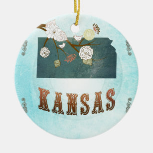 Ornement Rond En Céramique Carte du Kansas avec de beaux oiseaux