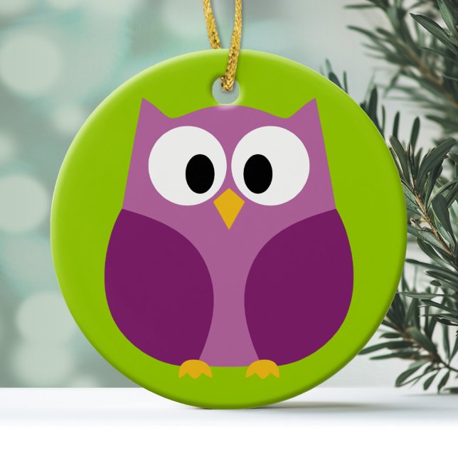 Ornement Rond En Céramique Cartoon de la chouette - violet et vert (Personalized Ornament - Owl)