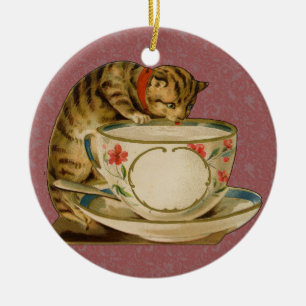 Ornement Rond En Céramique Cat Teacup Cute Vintage Victorien
