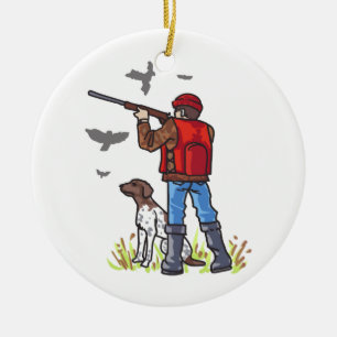 ORNEMENT ROND EN CÉRAMIQUE CHASSEUR ET CHIEN DE COLOMBE