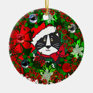 Ornement Rond En Céramique Chat de Noël
