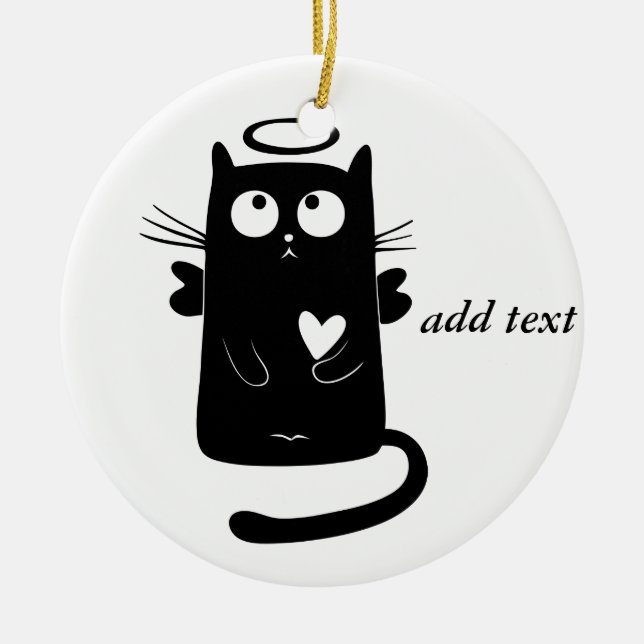 Ornement Rond En Céramique Chat noir personnalisé d'ange mignon (Devant)