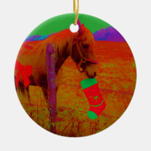 Ornement Rond En Céramique Cheval arc-en-ciel de Noël