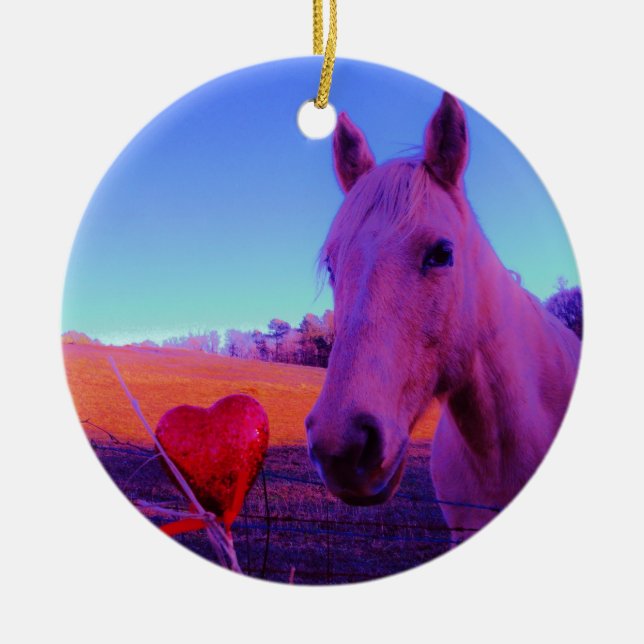 Ornement Rond En Céramique Cheval Brown et Coeur Rouge (Devant)