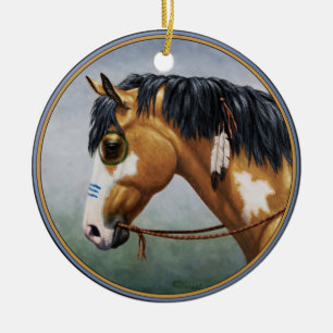Ornement Rond En Céramique Cheval de guerre amérindien Buckskin Pinto